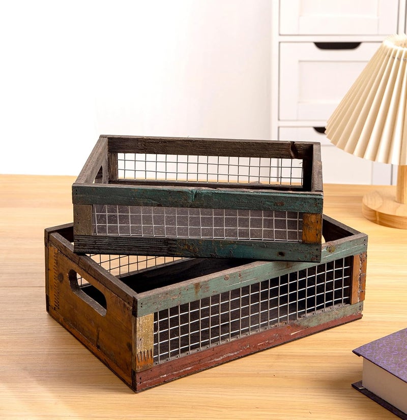 TIMRIS Set of 2 Rustic Wooden Countertop Baskets, Farmhouse Distressed Nesting Boxes, Small Decorative Wooden Storage Crates, Reclaimed Wood Organizer Baskets with Wire Mesh (Random) - Image 1
